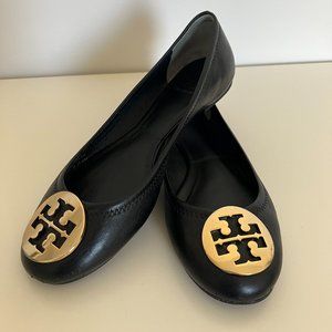 Tory Burch Black Leather Flats with Gold Logo - Size 8